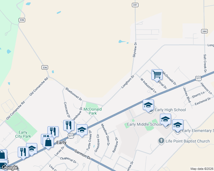map of restaurants, bars, coffee shops, grocery stores, and more near 143 Longhorn Drive in Early