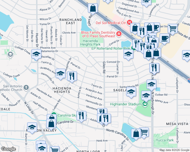 map of restaurants, bars, coffee shops, grocery stores, and more near 7714 Mazatlan Drive in El Paso