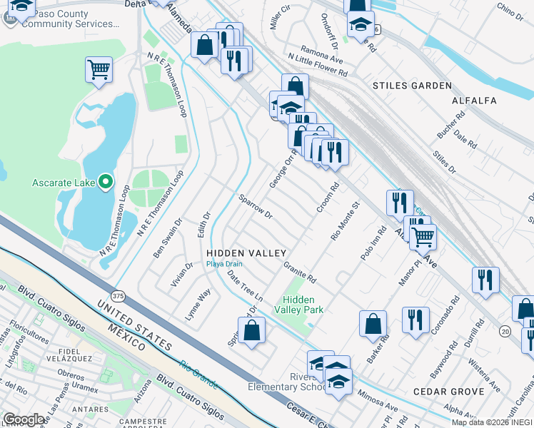 map of restaurants, bars, coffee shops, grocery stores, and more near 7128 Sparrow Drive in El Paso