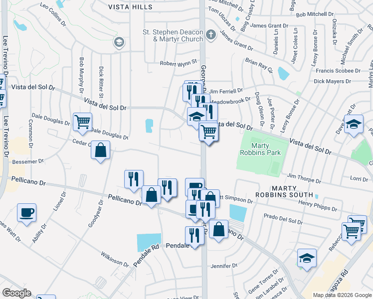 map of restaurants, bars, coffee shops, grocery stores, and more near 11454 Rex Baxter Drive in El Paso