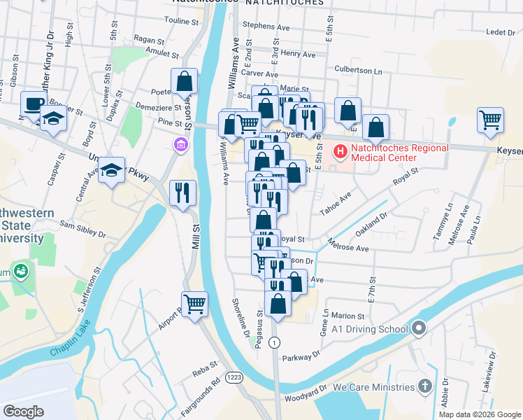 map of restaurants, bars, coffee shops, grocery stores, and more near 120 South Drive in Natchitoches