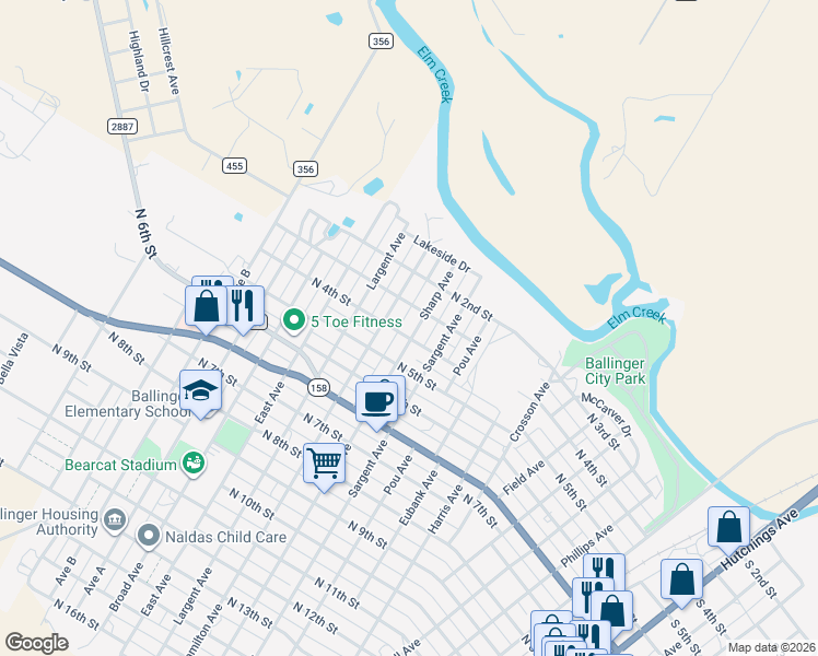 map of restaurants, bars, coffee shops, grocery stores, and more near 1003 North 4th Street in Ballinger