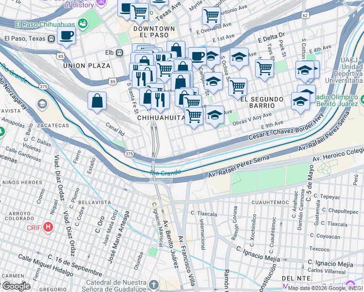 map of restaurants, bars, coffee shops, grocery stores, and more near 1021 South Mesa Street in El Paso