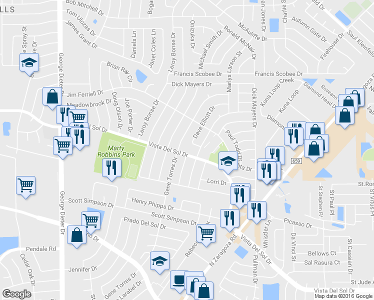 map of restaurants, bars, coffee shops, grocery stores, and more near 1608 Gene Torres Drive in El Paso
