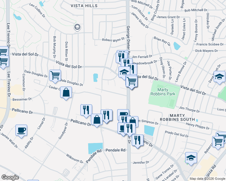 map of restaurants, bars, coffee shops, grocery stores, and more near 1508 Wes Ellis Lane in El Paso