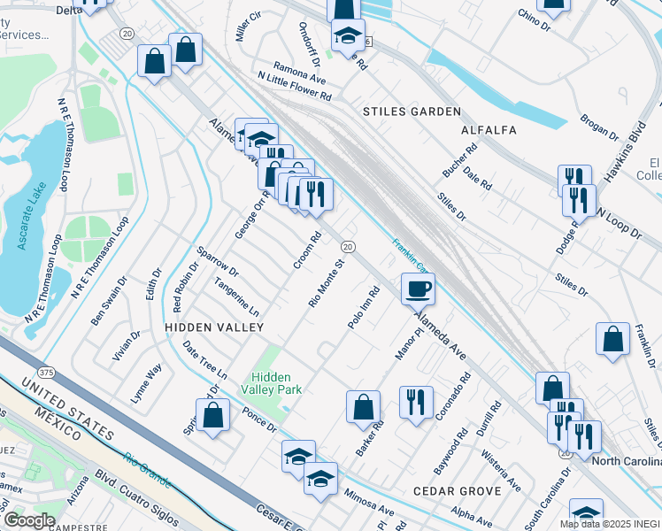 map of restaurants, bars, coffee shops, grocery stores, and more near 117 Rio Monte Street in El Paso