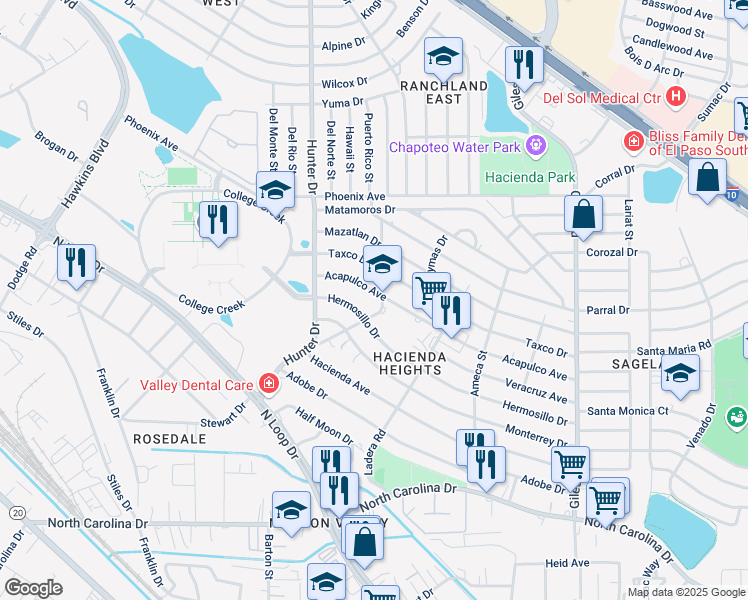 map of restaurants, bars, coffee shops, grocery stores, and more near 7530 Taxco Drive in El Paso