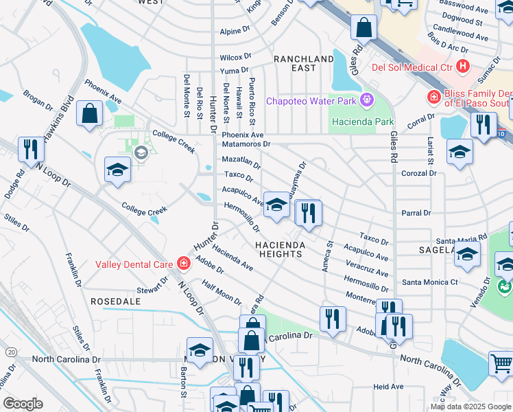 map of restaurants, bars, coffee shops, grocery stores, and more near 7530 Taxco Drive in El Paso