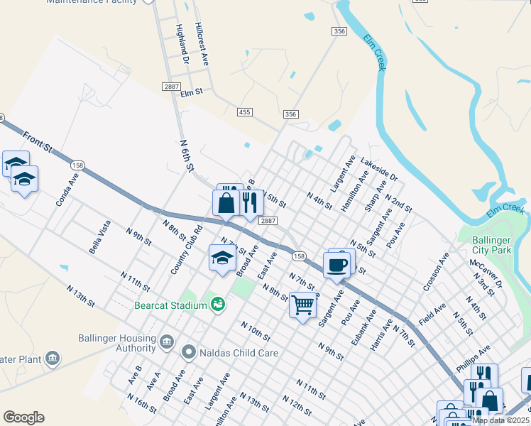 map of restaurants, bars, coffee shops, grocery stores, and more near 501 Avenue A in Ballinger