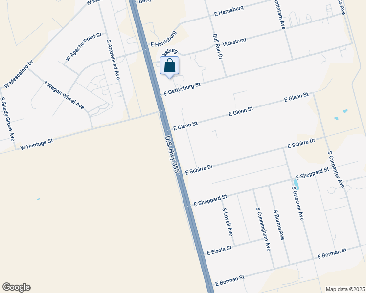 map of restaurants, bars, coffee shops, grocery stores, and more near South Grant Avenue in Odessa