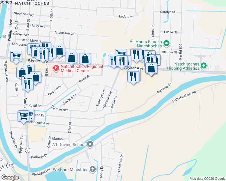 map of restaurants, bars, coffee shops, grocery stores, and more near 201 Melrose Avenue in Natchitoches