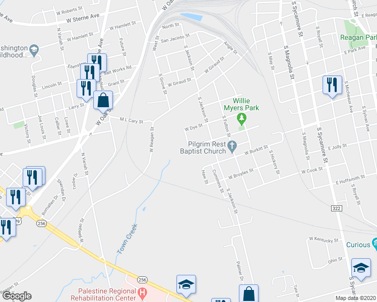 map of restaurants, bars, coffee shops, grocery stores, and more near 926 West Campbell Street in Palestine