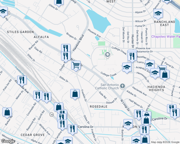 map of restaurants, bars, coffee shops, grocery stores, and more near 7341 North Loop Drive in El Paso