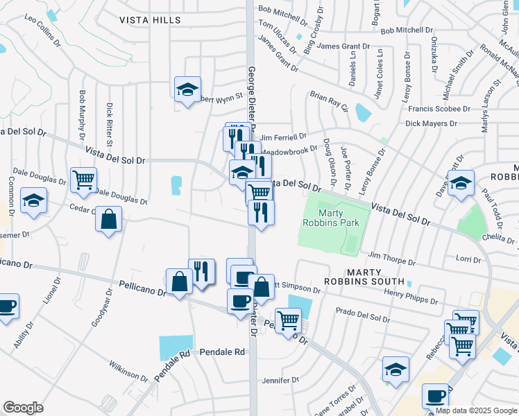 map of restaurants, bars, coffee shops, grocery stores, and more near 11455 Sundrop Court in El Paso