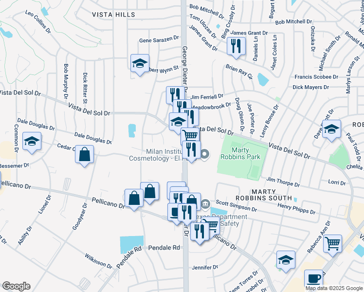 map of restaurants, bars, coffee shops, grocery stores, and more near 11455 Sundrop Court in El Paso