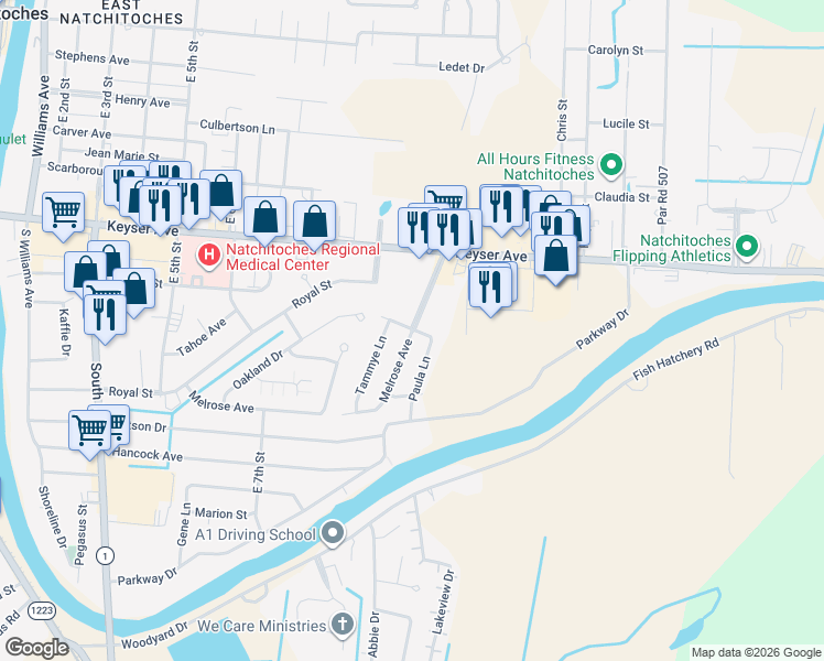 map of restaurants, bars, coffee shops, grocery stores, and more near 201 Melrose Avenue in Natchitoches