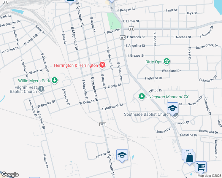 map of restaurants, bars, coffee shops, grocery stores, and more near 222 East Jolly Street in Palestine