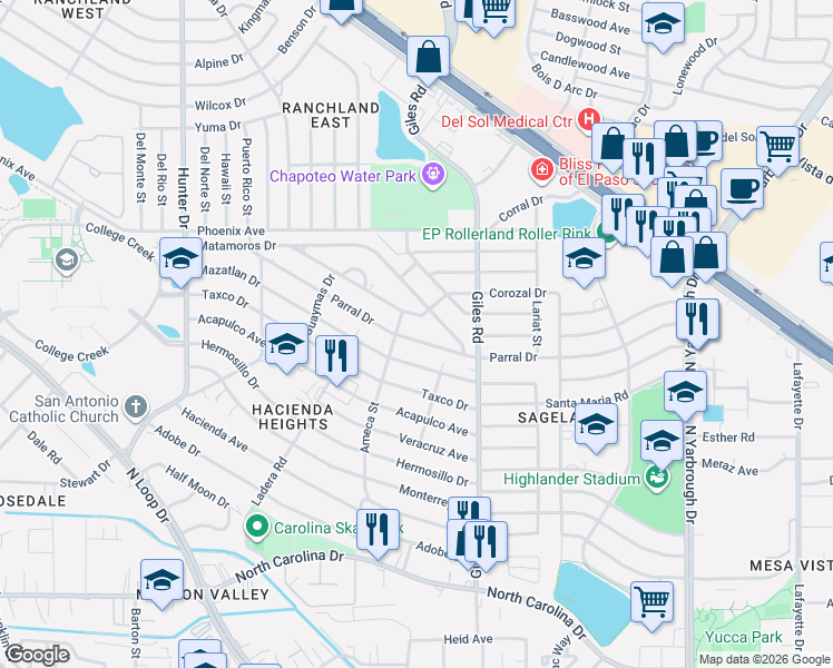 map of restaurants, bars, coffee shops, grocery stores, and more near 7706 Corozal Drive in El Paso