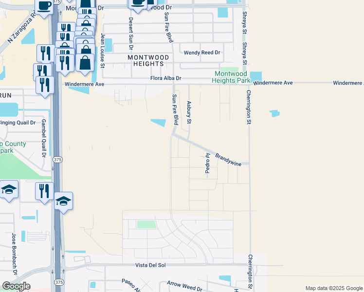 map of restaurants, bars, coffee shops, grocery stores, and more near 2074 Sun Spring Way in El Paso
