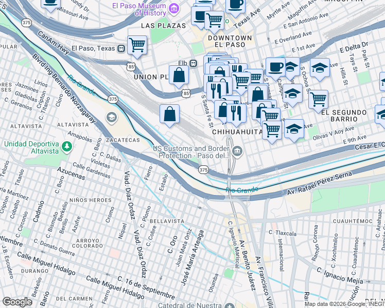 map of restaurants, bars, coffee shops, grocery stores, and more near 301 Montestruc Court in El Paso