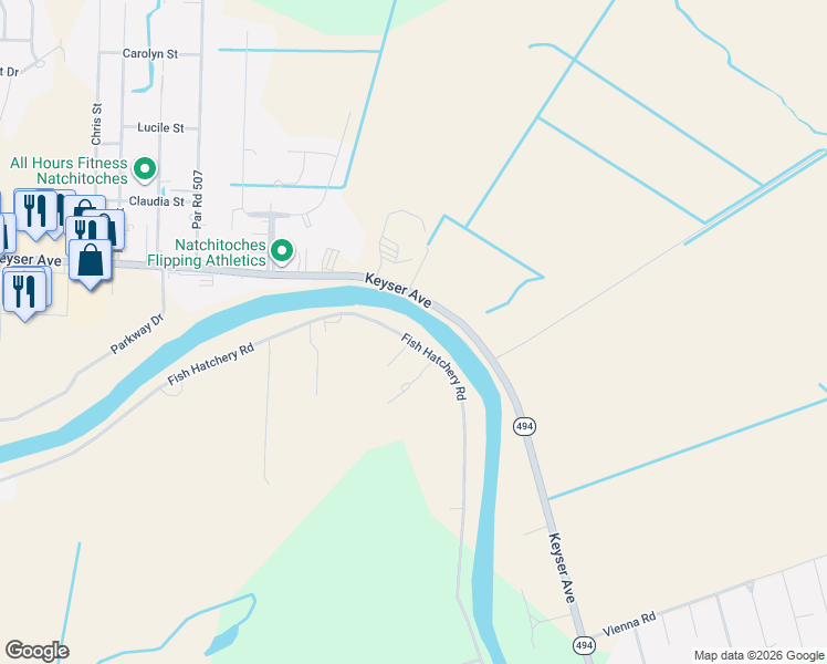 map of restaurants, bars, coffee shops, grocery stores, and more near 715-851 Par Road 514 in Natchitoches