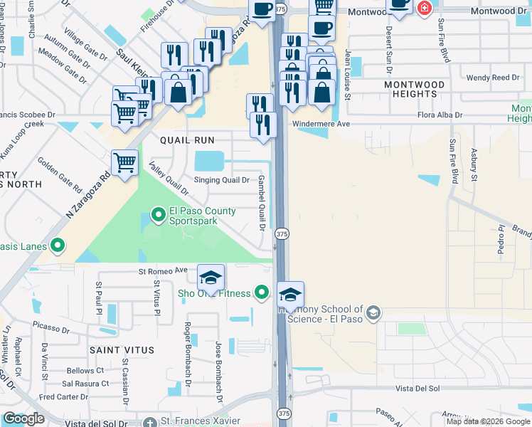 map of restaurants, bars, coffee shops, grocery stores, and more near 12140 Quail Harvest Lane in El Paso