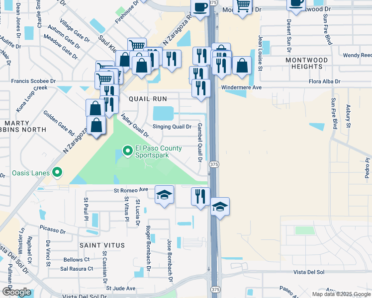 map of restaurants, bars, coffee shops, grocery stores, and more near 1725 Nesting Place in El Paso