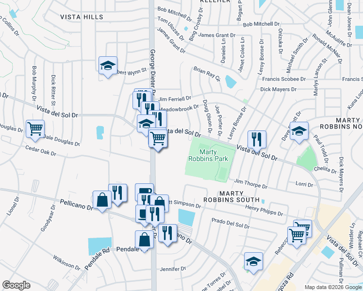 map of restaurants, bars, coffee shops, grocery stores, and more near 15520 Vista Del Sol Drive in El Paso