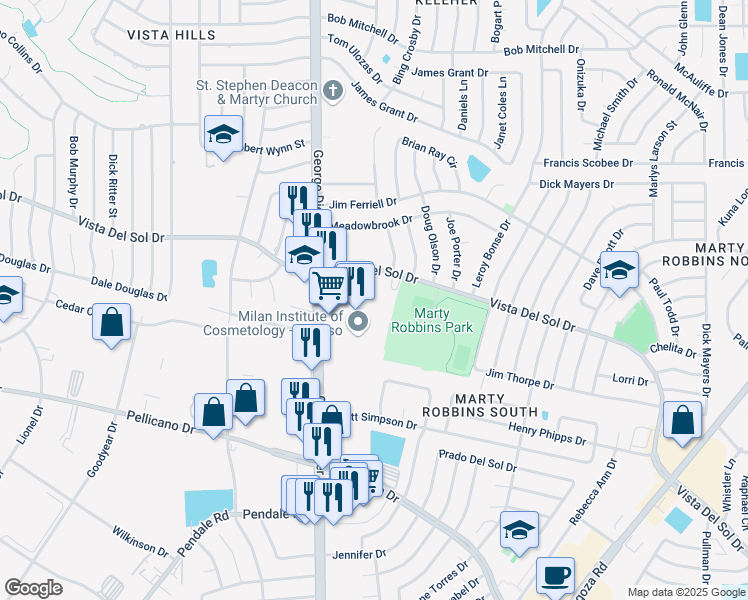 map of restaurants, bars, coffee shops, grocery stores, and more near 15520 Vista Del Sol Drive in El Paso