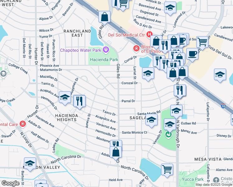 map of restaurants, bars, coffee shops, grocery stores, and more near 925 Giles Road in El Paso