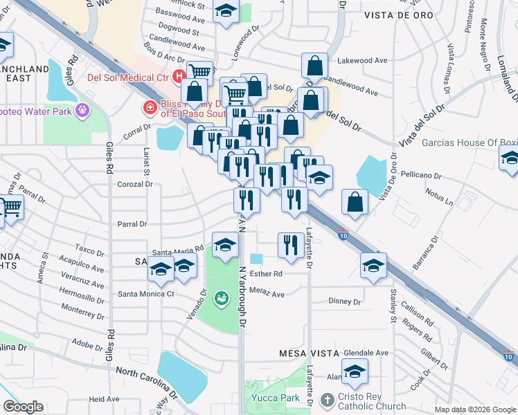 map of restaurants, bars, coffee shops, grocery stores, and more near 7970 Gateway Boulevard East in El Paso