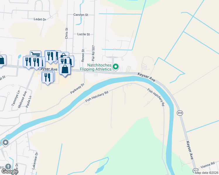 map of restaurants, bars, coffee shops, grocery stores, and more near 633-713 Fish Hatchery Road in Natchitoches