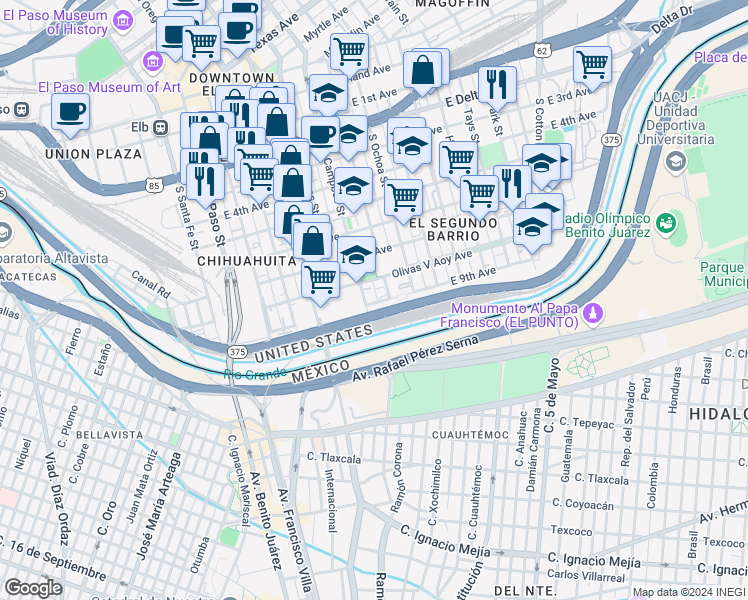map of restaurants, bars, coffee shops, grocery stores, and more near 609 East 9th Avenue in El Paso