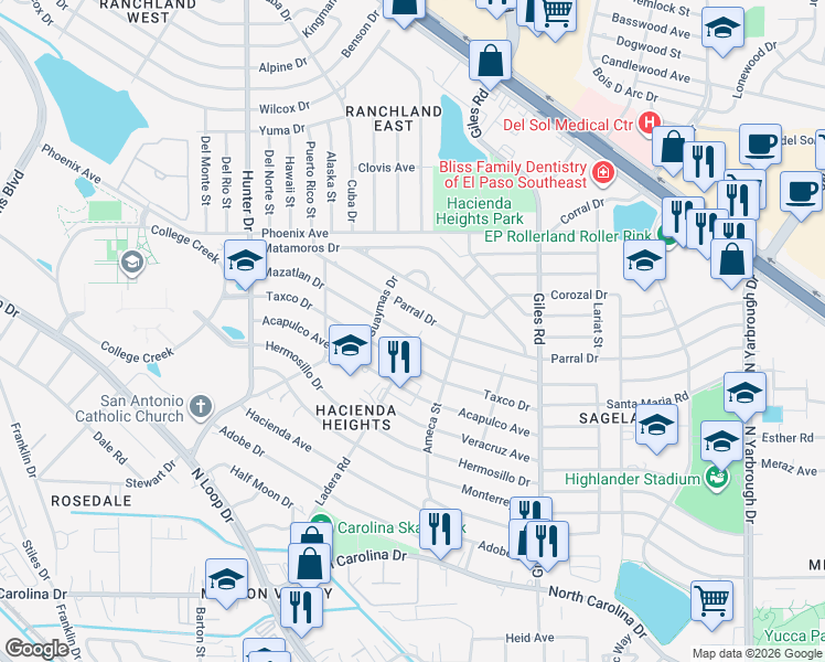 map of restaurants, bars, coffee shops, grocery stores, and more near 7563 Mazatlan Drive in El Paso