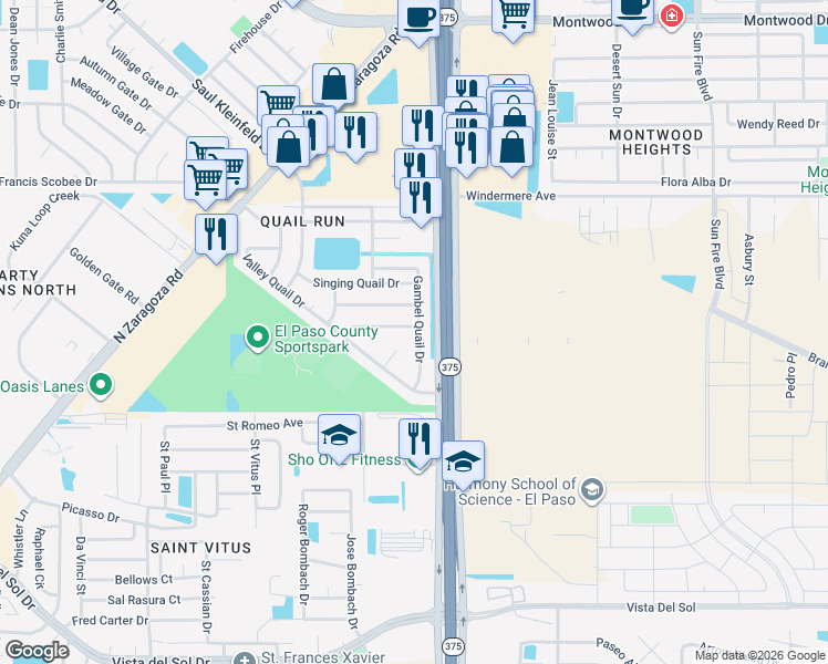 map of restaurants, bars, coffee shops, grocery stores, and more near 12140 Quail Harvest Lane in El Paso