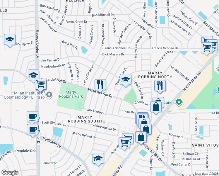 map of restaurants, bars, coffee shops, grocery stores, and more near 1608 Gene Torres Drive in El Paso
