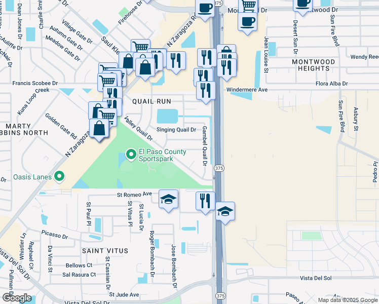 map of restaurants, bars, coffee shops, grocery stores, and more near 1725 Nesting Place in El Paso