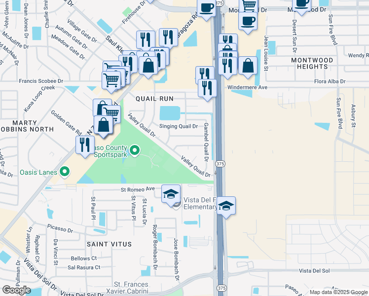 map of restaurants, bars, coffee shops, grocery stores, and more near 1725 Nesting Place in El Paso