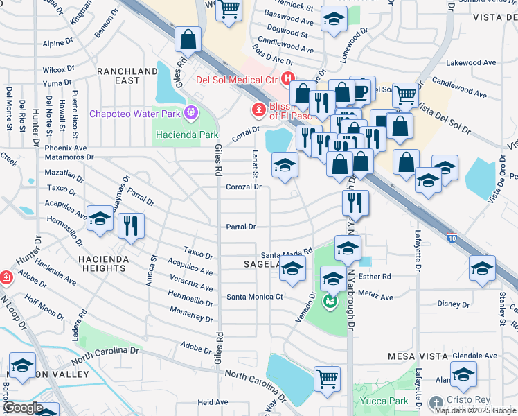 map of restaurants, bars, coffee shops, grocery stores, and more near 924 Lariat Street in El Paso