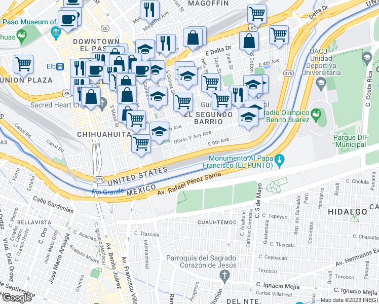 map of restaurants, bars, coffee shops, grocery stores, and more near 24 East 9th Avenue in El Paso
