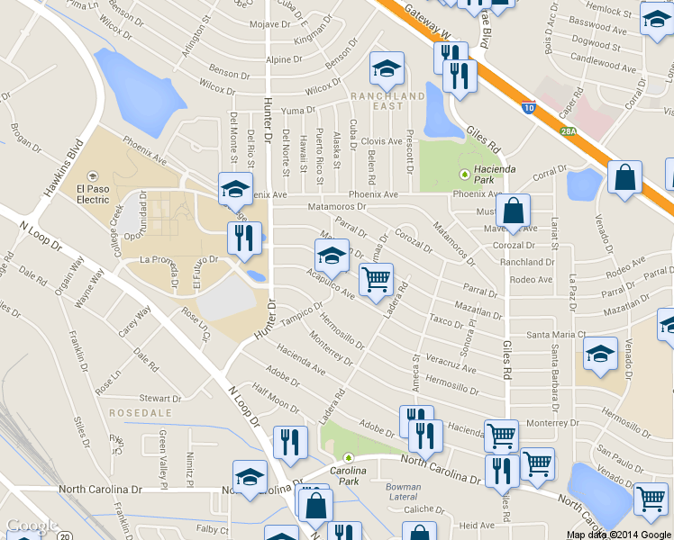 map of restaurants, bars, coffee shops, grocery stores, and more near 7530 Taxco Drive in El Paso