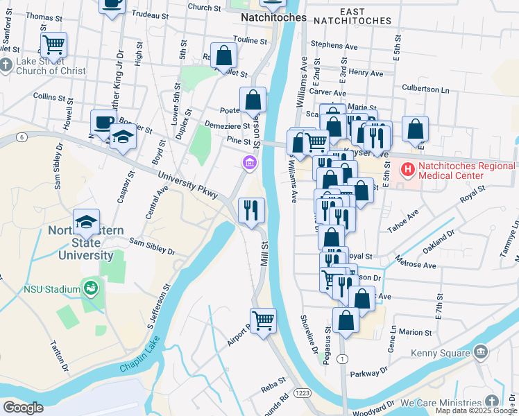 map of restaurants, bars, coffee shops, grocery stores, and more near 137 Mill Street in Natchitoches