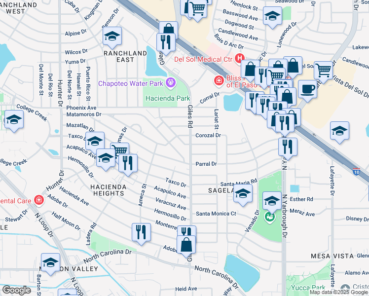map of restaurants, bars, coffee shops, grocery stores, and more near 925 Giles Road in El Paso