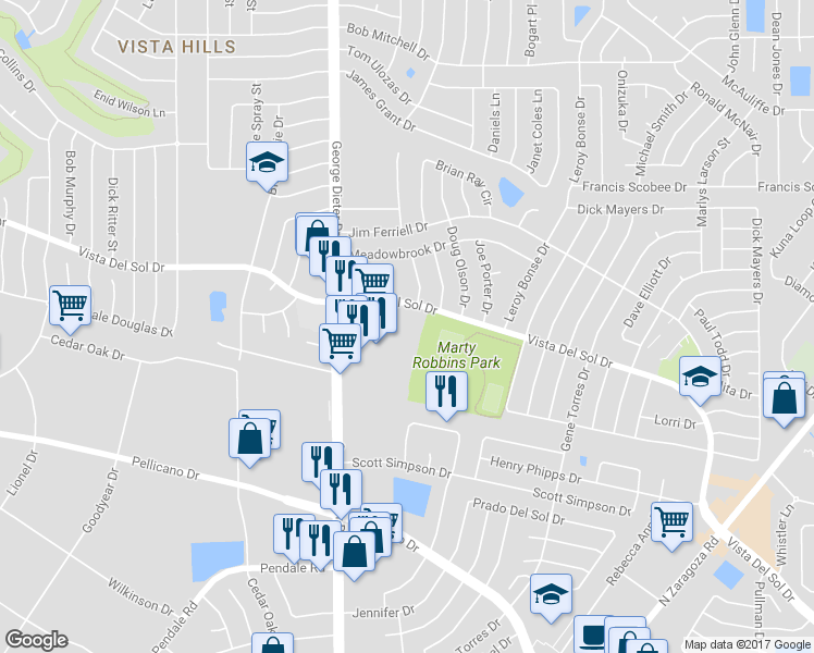map of restaurants, bars, coffee shops, grocery stores, and more near 15520 Vista Del Sol Drive in El Paso