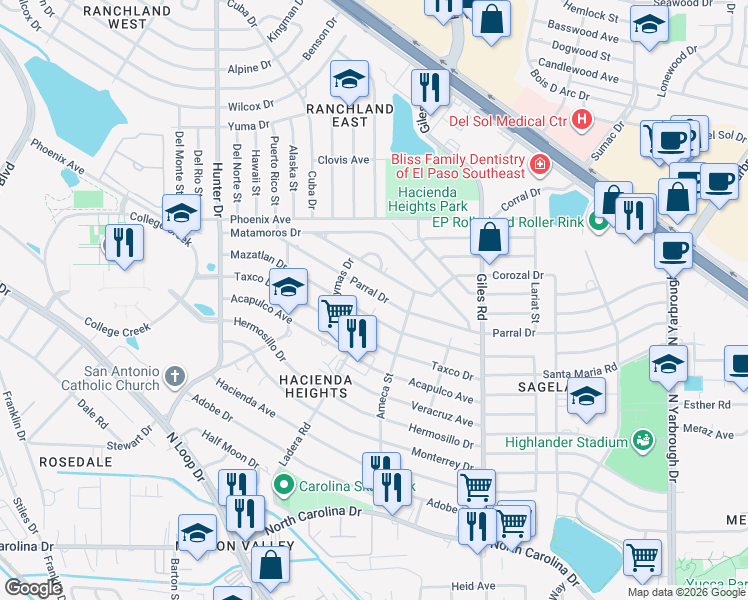 map of restaurants, bars, coffee shops, grocery stores, and more near 7563 Mazatlan Drive in El Paso