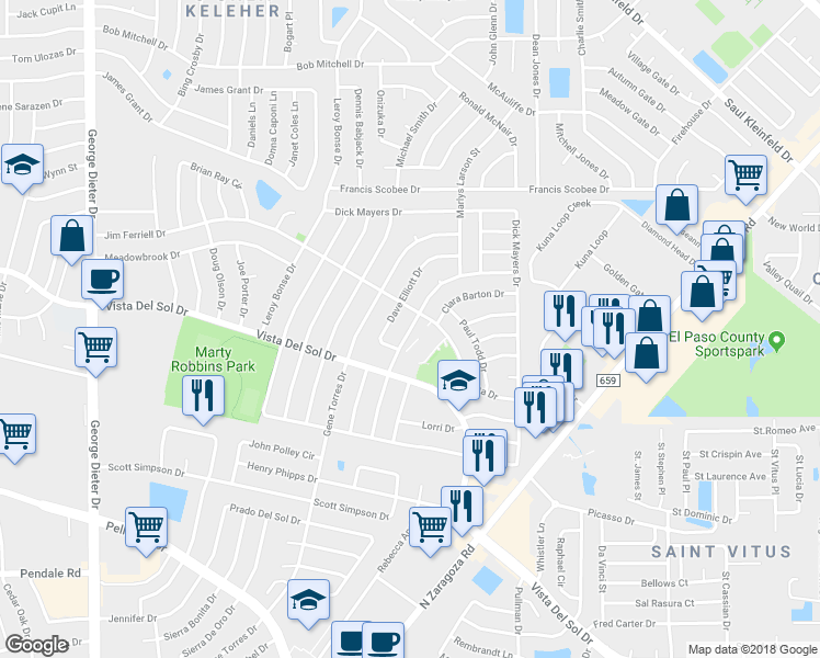 map of restaurants, bars, coffee shops, grocery stores, and more near 1677 Victor Lopez Drive in El Paso