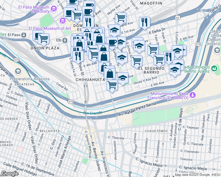 map of restaurants, bars, coffee shops, grocery stores, and more near 919 South Stanton Street in El Paso