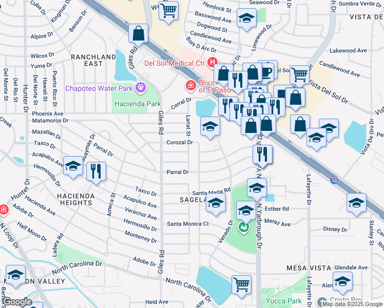 map of restaurants, bars, coffee shops, grocery stores, and more near 924 Lariat Street in El Paso