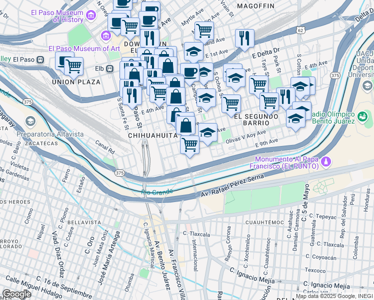 map of restaurants, bars, coffee shops, grocery stores, and more near 919 South Stanton Street in El Paso