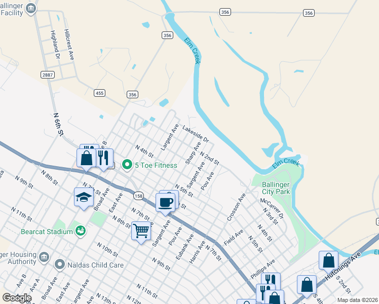 map of restaurants, bars, coffee shops, grocery stores, and more near 208 Sharp Avenue in Ballinger